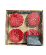 Rachel Zoe Holiday Napkin Rings Red Pom Pom Gold Metallic Threads Set Of 4 - $24.36