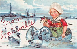 From Galesville Wisconsin~Bright New YEAR-DUTCH Girl In Wood Shoe Boat Postcard - £4.32 GBP