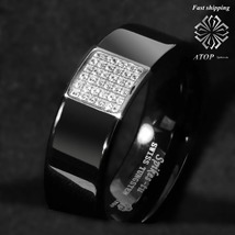 8mm Black Tungsten Ring 925 Silver Inlay 36 Diamonds ATOP Men Wedding Band Ring - £28.68 GBP