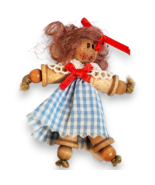 Vintage Handcrafted Wooden Spool Doll 3&quot; Gingham Dress &amp; Lace Red Bows - €6,94 EUR