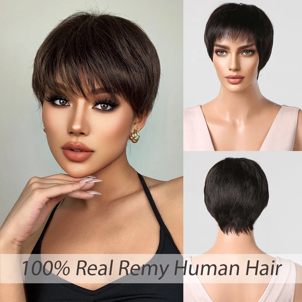 Short Straight Real Human Hair Wig for Women Pixie Cut Bob Dark Brown Bl... - $33.38+