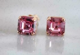 14k Rose Gold Plated 2 Ct Asscher Lab Created Pink Sapphire Stud Gift Earrings - £34.52 GBP