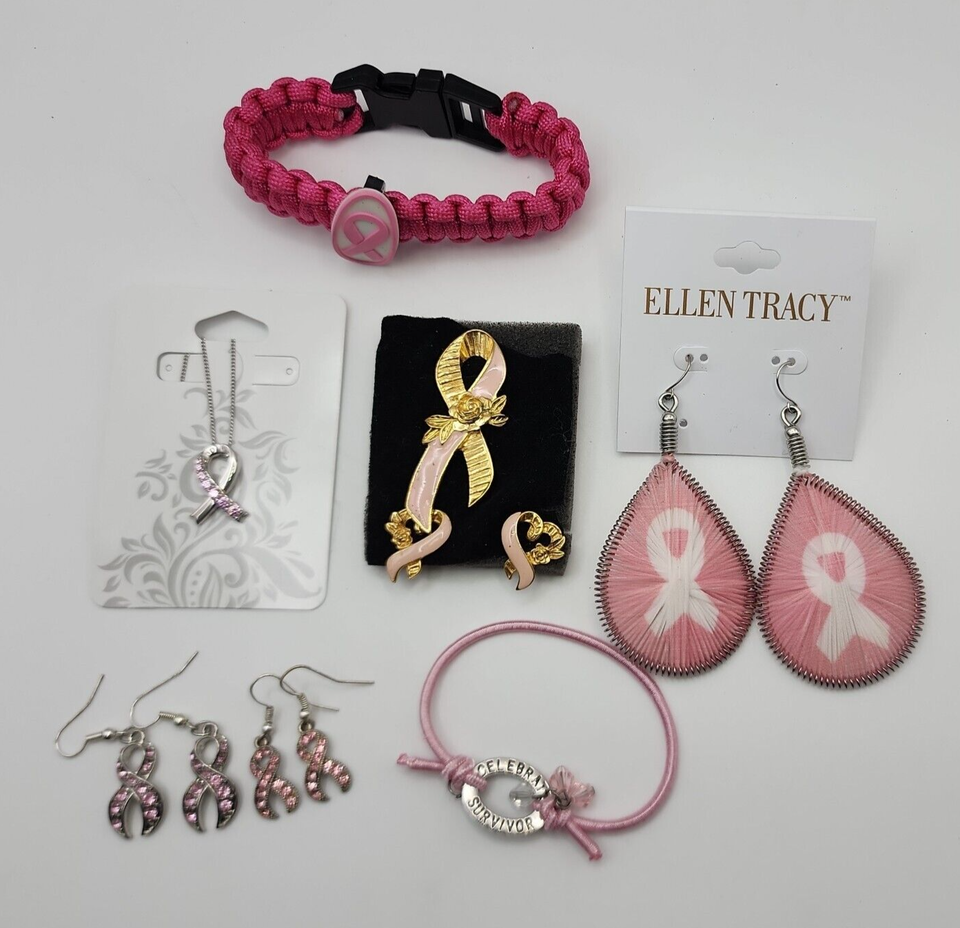 Pink Breast Cancer Ribbon Lot - Earrings Pin Bracelets Bundle - £23.32 GBP