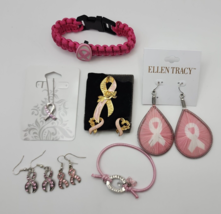 Pink Breast Cancer Ribbon Lot - Earrings Pin Bracelets Bundle - £22.74 GBP