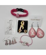 Pink Breast Cancer Ribbon Lot - Earrings Pin Bracelets Bundle - £22.92 GBP
