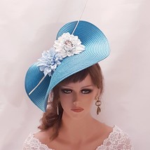 TURQUOISE Blue fascinator large saucer hatinator long Quil Floral Church Derby A - £68.21 GBP