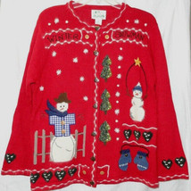 Quacker Factory M Red Snowman Cardigan Sweater Winter Pine Trees - £18.38 GBP