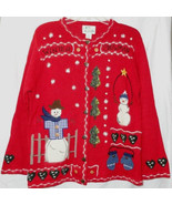 QUACKER FACTORY M Red Snowman Cardigan Sweater Winter Pine Trees - £18.04 GBP