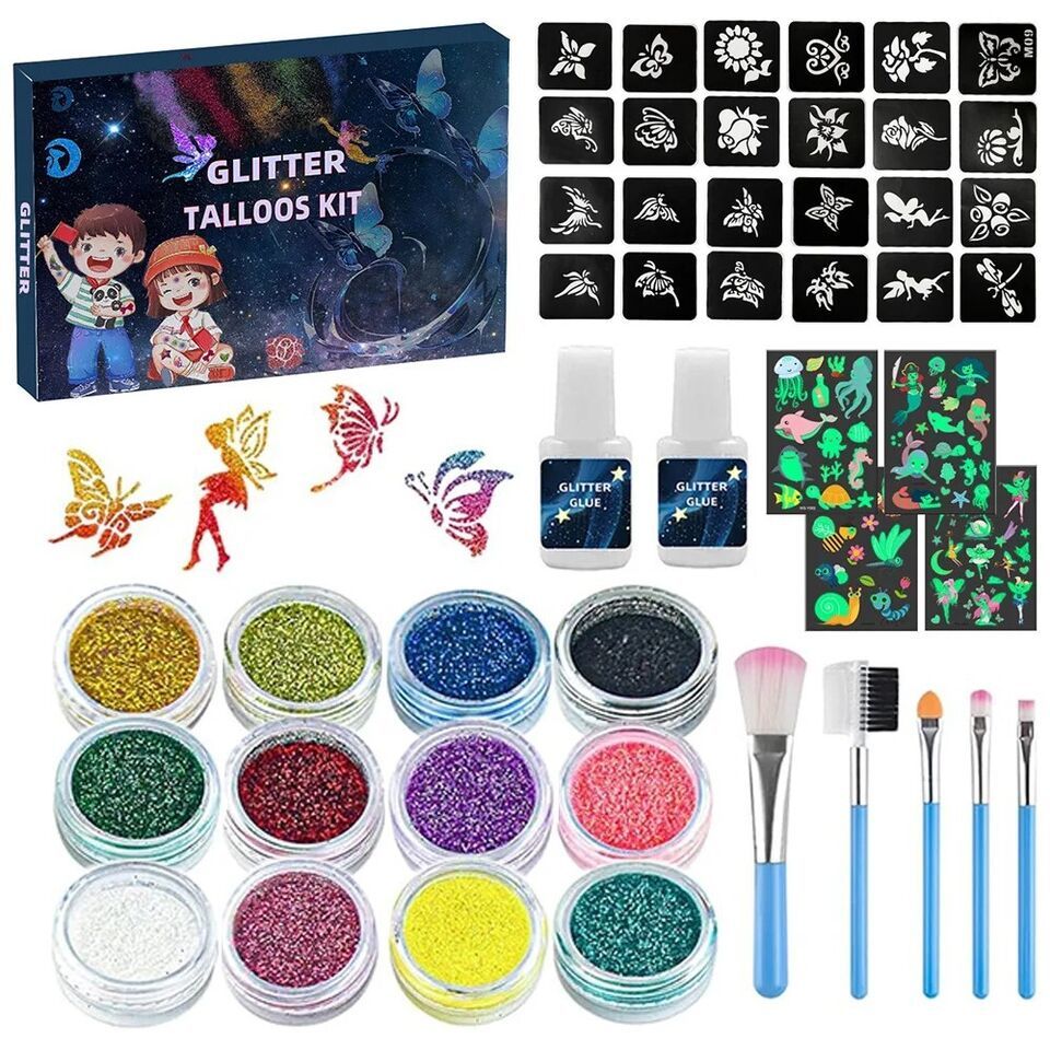 Temporary Glitter Tattoo Kit Stencils Kids Glow In Dark Makeup Party Sup... - $25.99+