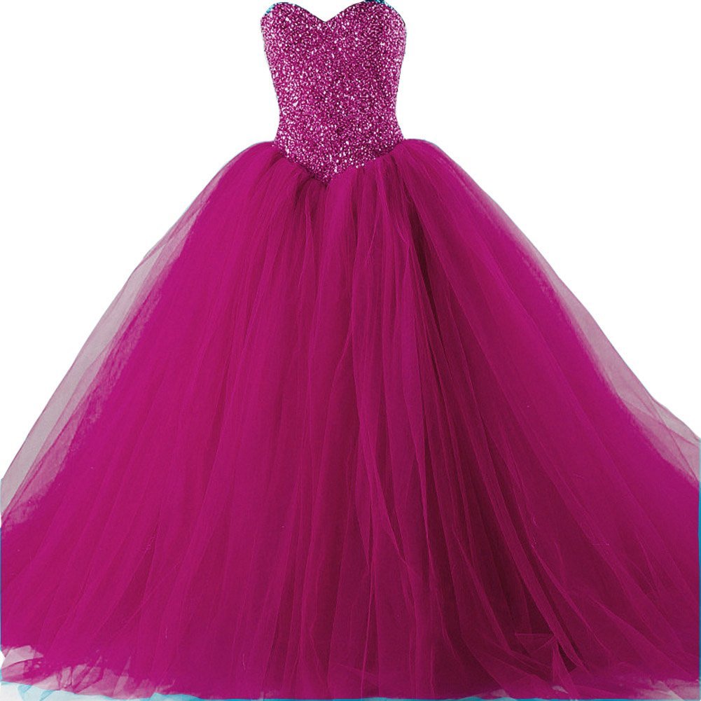 Kivary Formal Tulle Heavy Beaded Ball Gown Long Prom Dresses Quinceanera Fuchsia