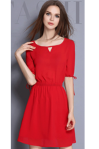 Unomatch Women Round Neck Elastic Waist Short Length Dress Red - £23.97 GBP