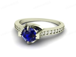 Blue Sapphire Round Gemstone 925 Sterling Silver Handmade Unique Solitaire Ring - £44.29 GBP