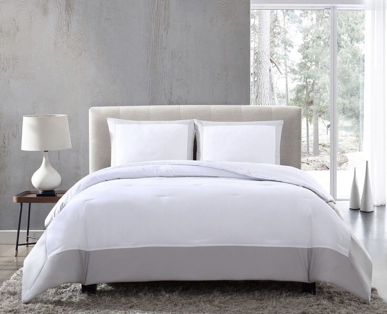 Hotel Style White Cotton Grey Border Queen Comforter Set, Three Pieces - $119.00