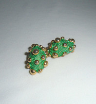 Jay Feinberg Earrings Green Enamel Statement Clip On Gold Vintage 1980s - £34.36 GBP