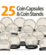 25 Coin Capsules &amp; 25 Coin Stands for 1oz SILVER or COPPER ROUNDS Airtig... - £14.90 GBP