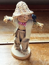 Cute Wood Scrarecrow in Fabric Clothing &amp; Straw Hat w Black Crow Thanksgiving - £7.49 GBP