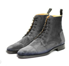Suede Gray Color Vintage Leather Lace Up Rounded Cap Toe Men High Ankle Boots - £127.88 GBP+