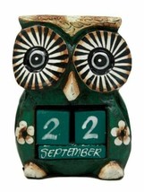 Balinese Wood Handicrafts Hypnosis Eyed Green Owl Desktop Calendar Figurine 4.5&quot; - £16.07 GBP