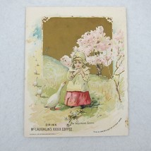 Victorian Trade Card LARGE McLaughlins XXXX Coffee Girl Goose Pink Tree Flowers - £19.63 GBP