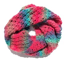 Hand Crochet Neck Scarf Rainbow Pride Rainbow Sherbet hot pink green blue purple - £11.73 GBP