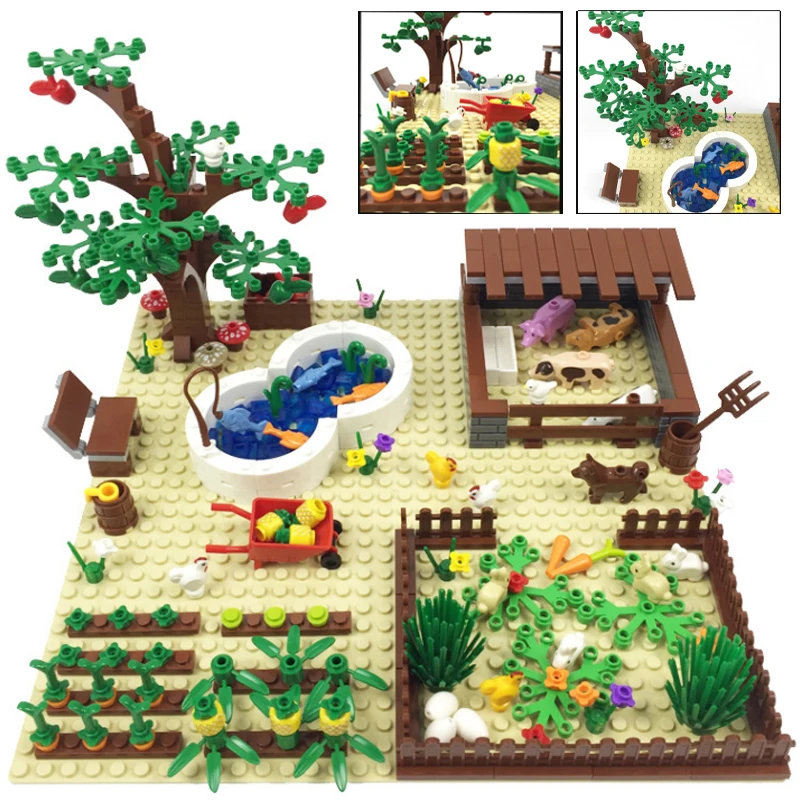 City Farm Building Blocks Street View Pasture Fish Pond Pig Pen Carrot A... - £47.63 GBP