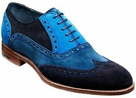 Two Tone Blue Wing Tip Oxford Real Suede Leather Natural Color Sole Lace Up Shoe - £112.85 GBP