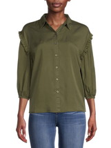 Time and Tru Women&#39;s Ruffle Sleeve Button Front Blouse Green Size L (12-14) - £14.19 GBP