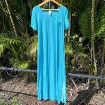 Chico&#39;s Maxi T-Shirt Dress Sz 1 Large Blue Slub Knit Pocket Slit Short Sleeve - £19.41 GBP