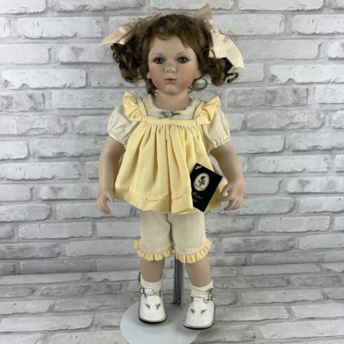Geppeddo Porcelain Doll + Stand Yellow Outfit Pig Tails Brunette Hair 21" - $30.47
