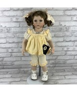 Geppeddo Porcelain Doll + Stand Yellow Outfit Pig Tails Brunette Hair 21&quot; - £24.35 GBP