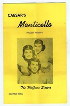 Caesar&#39;s Monticello Dinner Menu The McGuire Sisters Framingham Massachusetts - $49.51