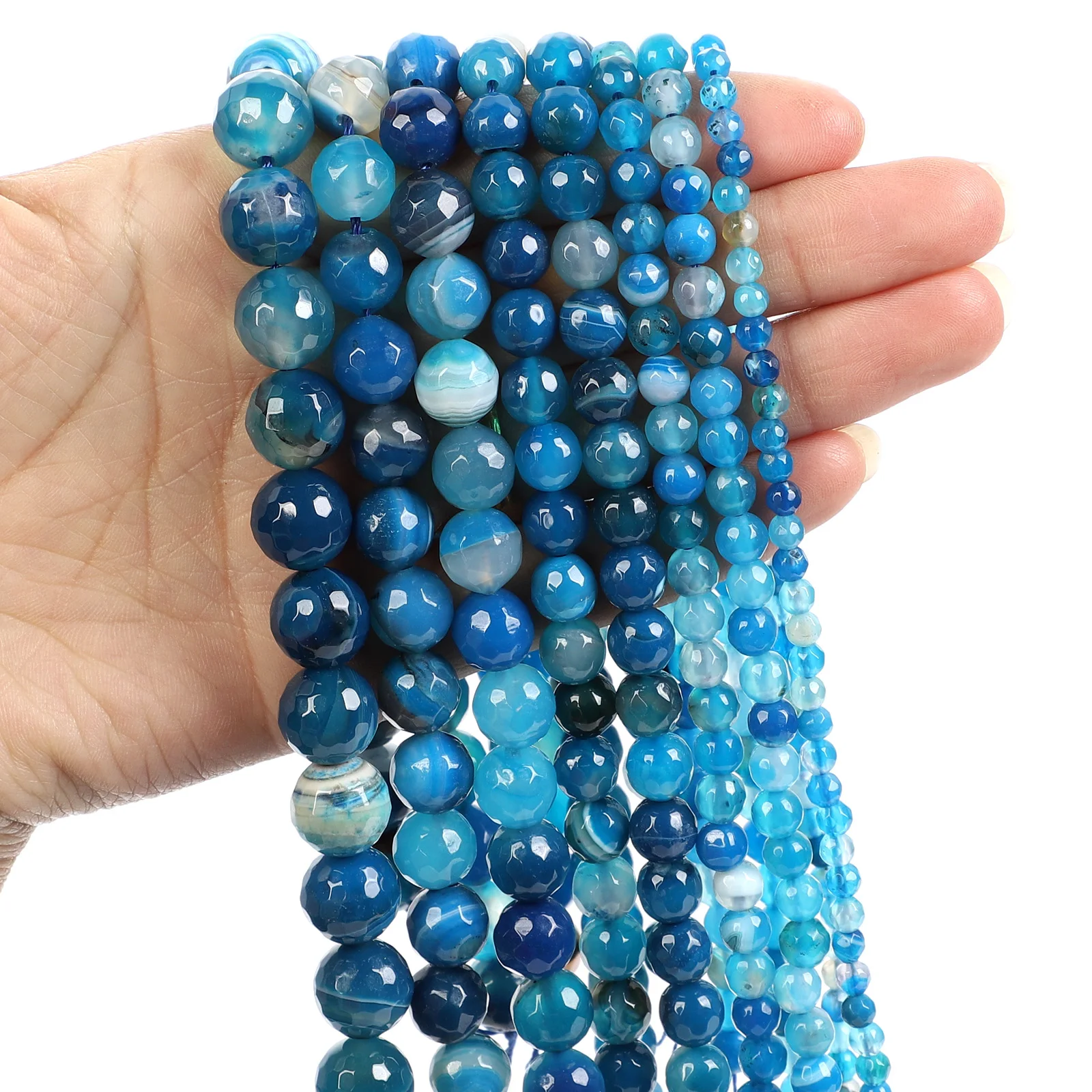 Natural Stone Beads Faceted Blue Striped Agate Loose Beads for Jewelry Making - £9.80 GBP+