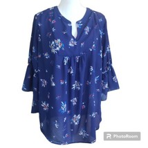 Liz Claiborne Women&#39;s Floral Baby Doll Blouse Bell Sleeve Size 0X Blue - £15.27 GBP