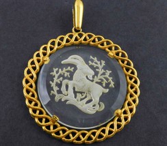 CROWN TRIFARI Aries Ram Carved Glass Gold-Tone PENDANT - 2 1/2 inches  - £19.98 GBP