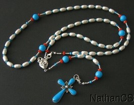  Heavy Sterling, Coral &amp; Turquoise Catholic Rosary, Pendant &amp; Necklace -... - £316.71 GBP
