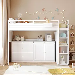Twin Size Loft Bed With Rolling Cabinet And Desk - White - £770.11 GBP