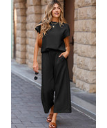 Black Solid Color Textured Short Sleeve Top and Casual Pants Set - $32.55