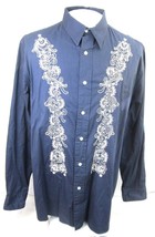 LUCKY BRAND Men shirt long sleeve pit to pit 25.5 XL embroidered blue white - $34.64