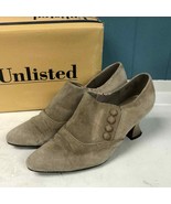 Vtg Unlisted Spatter Me tan taupe suede heels women’s size 7.5 - $41.38