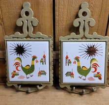 Vintage HS Enesco MCM Rooster Cast Iron Trivet Set Wall Hanging Tile Hot... - $29.36