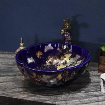 Flower Shaped Ceramic Vessel Sink, Butterfly Garden Art Basin with Gold ... - $559.38 CAD