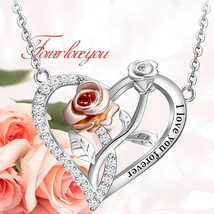 Silver Heart with Rose I love you forever Engraved Necklace - £12.04 GBP