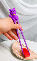 Purple Maneki Neko Lucky Cat Reusable Training Chopsticks Set W/ Silicone Helper - £8.99 GBP