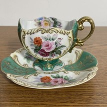 Vintage SAJI  Occupied Japan Hand Painted Teacup and Saucer Roses Green ... - £23.11 GBP