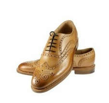 Men Oxford Tan Color Wing Tip Brogue Burnished Toe Genuine Leather Laceup Shoes - £119.74 GBP+