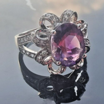 925 Sterling Silver Oval 10x 7.6 Mm. Amethyst And Cz Ring Size 6.25 - £29.01 GBP