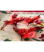 3 Hummingbird Red Feather Clip-on Ornaments Gold Rhinestone Collar Red S... - $16.29 CAD