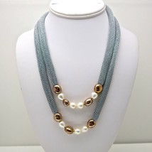Adami & Martucci Silver Mesh Long Necklace With Gold Beads and Freshwater Pearls - £151.88 GBP