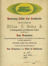 Honorary Cable Car Conductor Certificate signed Joseph L Alioto San Fran... - $49.45