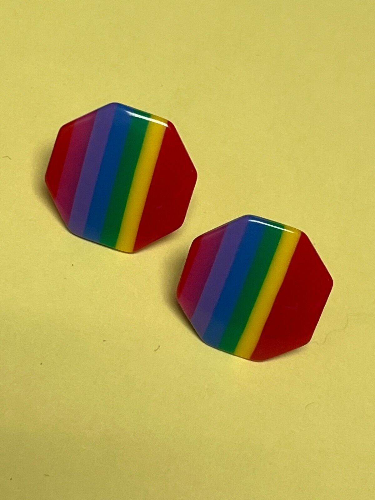Primary image for Vintage Thin Rainbow Striped PRIDE Octagon Shaped Thin Plastic Post Earrings for